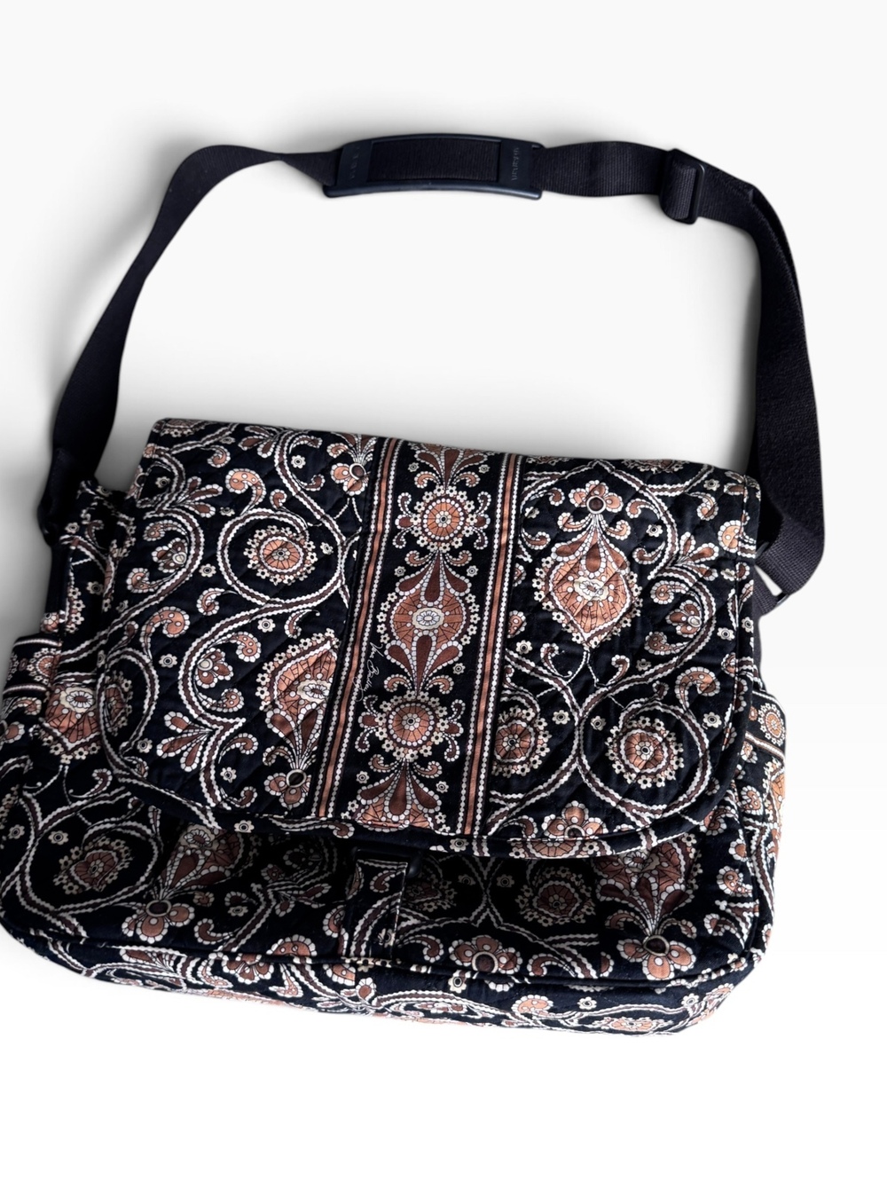 Vera Bradley Quilted Messenger Crossbody Bag Black Brown Paisley Floral Retired